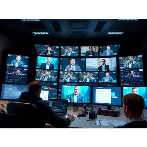 Un realizador de televisión observando mültiples monitores en una sala de control